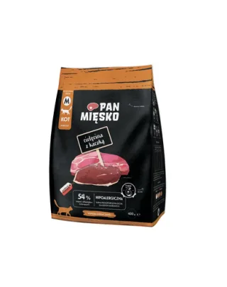 PAN MIĘSKO Vițel cu rață hrană uscată pentru pisici M 400 g