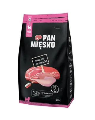 PAN MIĘSKO Hrană uscată cu vițel și prepeliță pentru căței XS 20 kg