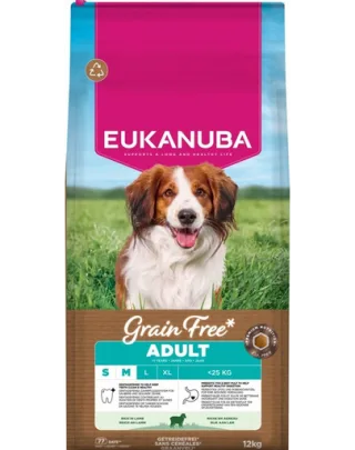 EUKANUBA Grain Free Adult Small &amp; Medium Lamb Hrană fără cereale pentru câini adulți de talie mică și medie cu carne de miel 12 kg