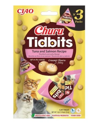 INABA Cat Churu Tidbits Rețetă cu Ton și Somon 3×12 g recompense moi și cremoase cu ton și somon pentru pisici