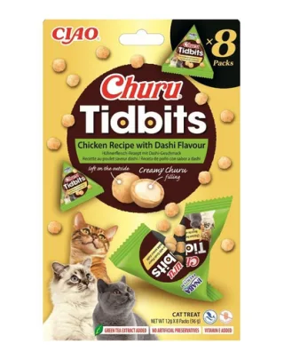 INABA Cat Churu Tidbits Rețetă cu Pui și Aromă Dashi 8×12 g gustări moi și cremoase cu pui și bulion Dashi pentru pisici