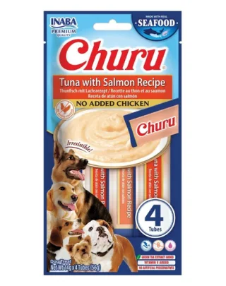 INABA Dog Churu Fish Based Tuna with Salmon Recipe 4x14g snack cremos cu ton și somon pentru câini