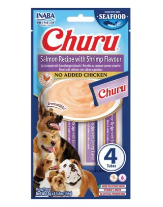 INABA Dog Churu Fish Based Salmon with Shrimp Recipe 4x14g snack cremos cu somon și creveți pentru câini
