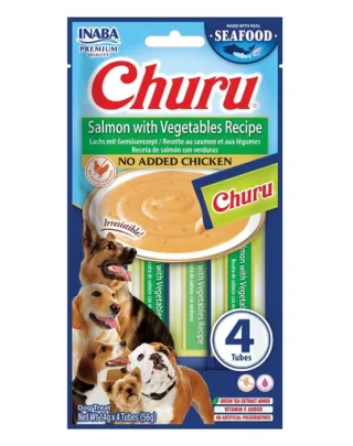 INABA Dog Churu Fish Based Salmon with Vegetables Recipe 4x14g recompensă cremoasă cu somon și legume pentru câini