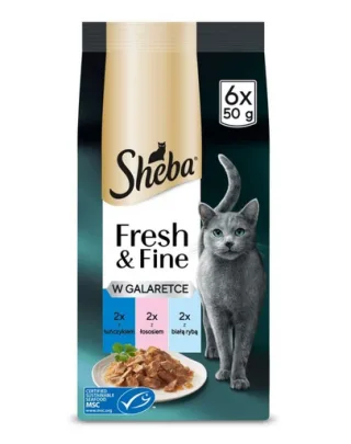 SHEBA Fresh &amp; Fine în jelly Hrană umedă completă pentru pisici adulte cu ton, somon și pește alb 6×50 g