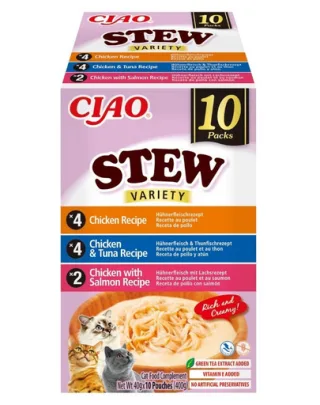 INABA Cat Ciao Stew Creamy Variety 10x40g mix gustări cu pui, ton și somon în sos cremos