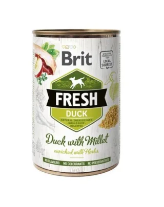 Conserva BRIT FRESH Duck with millet 400 g rata si mei, hrana umeda caini