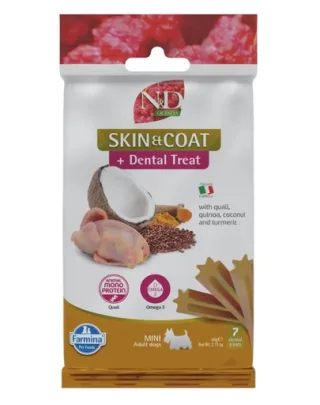 FARMINA N&amp;D Quinoa Dental Treat Skin Coat Quail Mini 60 g baton dentar caini de talie mica, cu prepelita