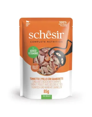 SCHESIR Jelly Adult Tuna&amp;Chicken&amp;Shrimps 85g ton, pui si creveti in aspic, hrana pisica