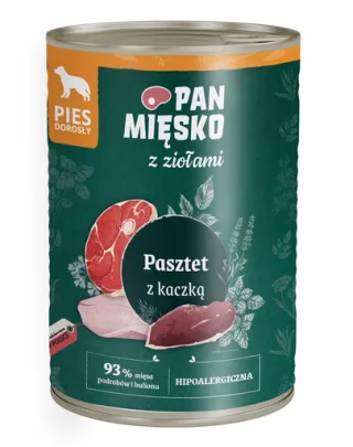 Hrană umedă câini adulți PAN MIĘSKO pate rață 400g hipoalergenică cu ierburi