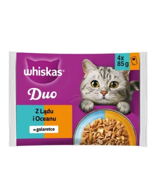 Hrană umedă pisici adulte în gelatină WHISKAS Duo 4x85 g mix carne și pește