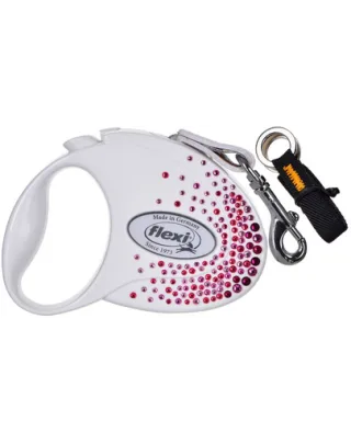 FLEXI Glam Splash Pink S Lesa cu banda pentru caini 3m alb decor cristale Swarovski