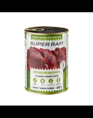 SUPER RAFI Pate cu cerb și inimi de rață 400 g pentru câini adulți