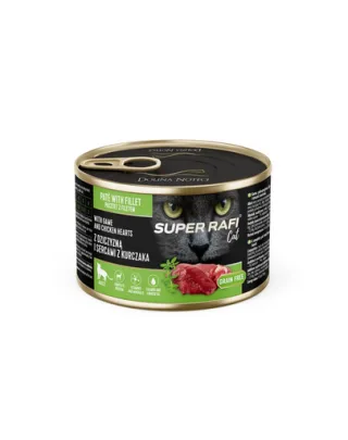 SUPER RAFI Cat cu vânat și inimi de pui 185 g pentru pisici sterilizate