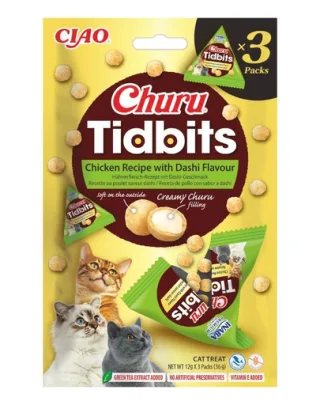 INABA Cat Churu Tidbits Rețetă cu Pui și Aromă Dashi 3×12 g gustări moi și cremoase cu pui și bulion Dashi pentru pisici
