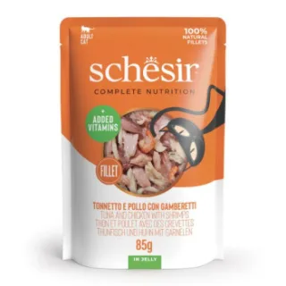 SCHESIR CAT PLIC TON/PUI/CREVETI IN JELLY 85 G
