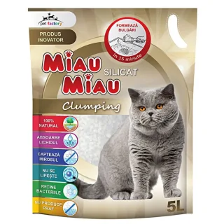 MIAU MIAU, neparfumat, așternut igienic pisici, granule, silicat, aglomerant, neutralizare mirosuri, 5l