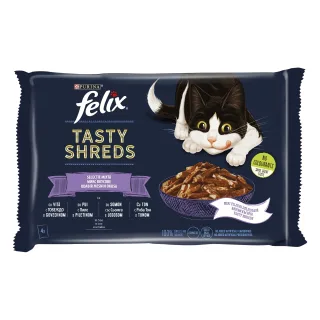 Felix Tasty Shreds Plic Selectie Mixta Vita/Pui/Somon/Ton 4x80 g