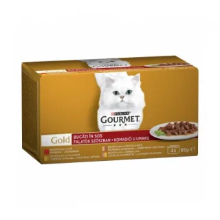 Pachet conserve Gourmet Gold cu curcan  rata , vita , pui  ficat , somon  pui 4 buc x 85 gr
