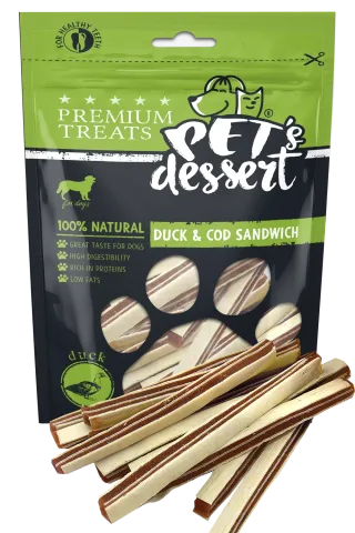 Recompense pentru caini Pet s Desert Duck  Cod Sandwich 80 gr