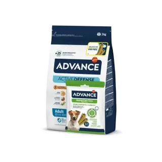Hrana uscata pentru caini Advance Mini Adult cu pui  orez 3 kg + CADOU Advance Dental Care Sticks Mini