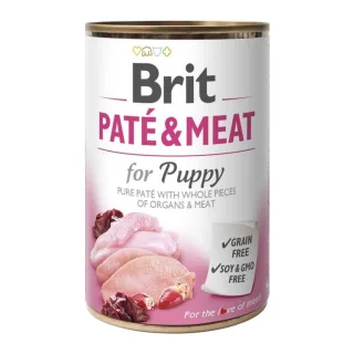 BRIT Pate and Meat Puppy, XS-XL, Pui și Curcan, conservă hrană umedă câini junior, (pate), 400g