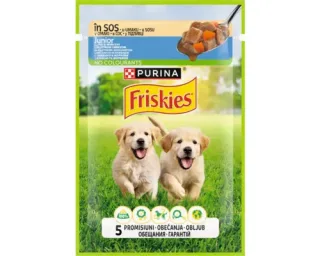 Hrana umeda pentru caini Friskies Junior cu pui  mazare 85 gr
