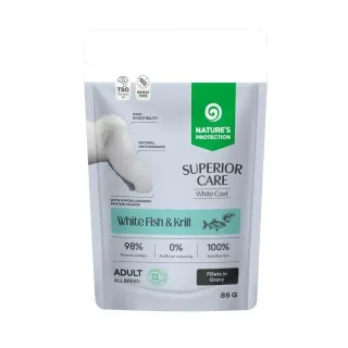 Hrana umeda fara cereale pentru caini Nature s Protection Superior Care White Coat, cu peste alb si krill, 85 g