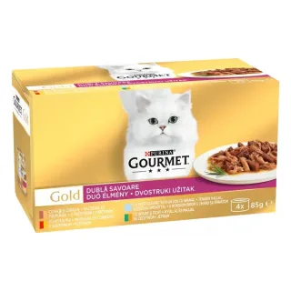 Set 12 buc x Hrana umeda pentru pisici Gourmet Gold Doble Placer cu rata  curcan, vita  pui, peste oceanic, iepure  ficat 85 gr