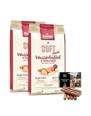 BOSCH Soft Maxi Hrana uscata pentru caini talie mare, bivol si cartofi dulcei 2 x 12,5 kg +  recompense sticks 7 buc