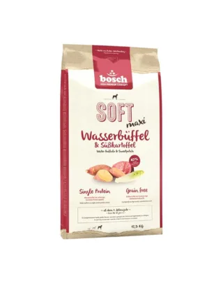 BOSCH Soft Maxi Hrana uscata pentru cainii adulti de talie mare, carne de bivol si cartofi dulci 12,5 kg + Recompense sticks 7 buc.