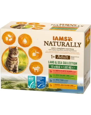 IAMS Naturally Adult Land&amp;sea collection Hrana uscata pentru pisici adulte, cu mix de arome de carne si peste 4 x 85 g