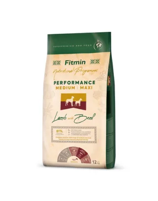 FITMIN Dog Nutritional Programme Medium Maxi Performance Lamb&amp;Beef 12 kg Hrana pentru caini adulti de talie medie si mare cu un nivel de activitate foarte ridicat
