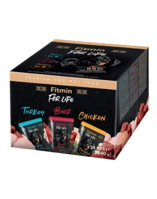 FITMIN For Life Dog Multipack 24x85 g plicuri câini cu pui, vită și curcan