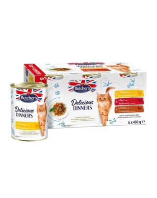 BUTCHER'S Delicious Dinners Cat Meaty selection in Jelly 6x400 g bucati pui, vita si vanat in aspic pentru pisici