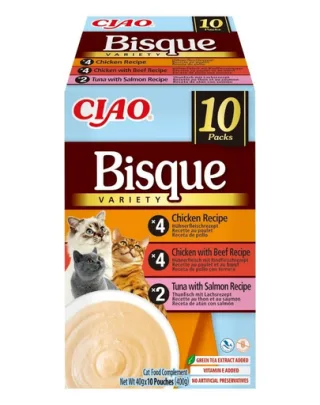 INABA Cat Ciao Bisque Variety 10×40 g Mix de supe cremă cu pui, vită și pește pentru pisici