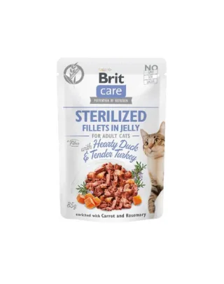BRIT Care Fillets in Jelly Sterilized Duck&amp;Turkey hrana umeda pisici sterilizate, rata si curcan 85 g