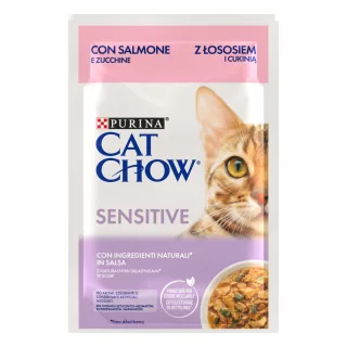 PURINA Cat Chow Sensitive, Somon și dovleac, hrană umedă pisici, sistem digestiv, (în sos) PURINA Cat Chow Sensitive, Somon și dovleac, plic hrană umedă pisici, sistem digestiv, (în sos), 85g