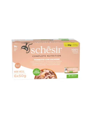 Hrană umedă pisici ton și somon SCHESIR în jeleu 6x50 g