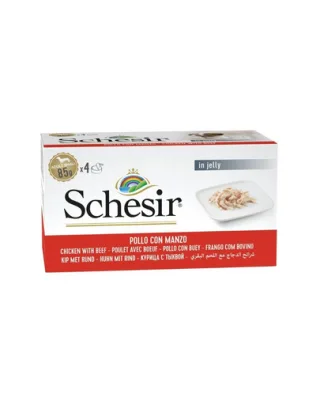 Hrană umedă câini mici Schesir pui cu vită în jeleu 4x85 g
