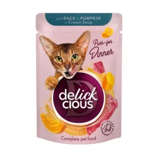 Supa cremoasa pentru pisici Delickcious Fasii de rata  dovleac 85 gr