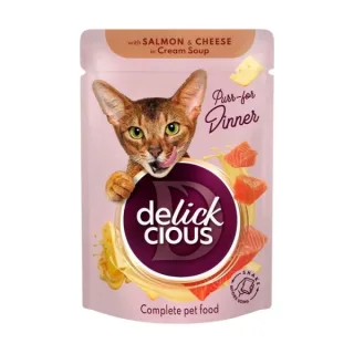 Supa cremoasa pentru pisici Delickcious Fasii de somon  branza 85 gr