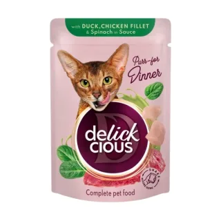 Supa cremoasa pentru pisici Delickcious Fasii de rata, pui  spanac 85 gr