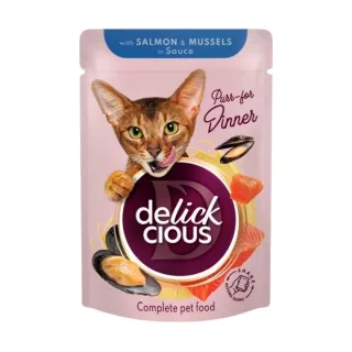 Supa cremoasa pentru pisici Delickcious Fasii de somon  midii in sos 85 gr