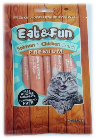 Eat&amp;Fun Recompense Pisica Sos Salmon &amp; Chicken 70 G / 5 Buc