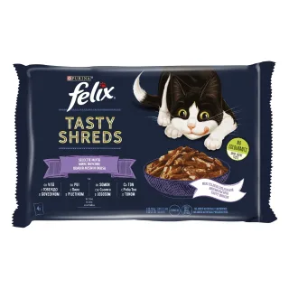 Felix Tasty Shreds Plic Selectie Mixta Vita/Pui/Somon/Ton 4×80 g