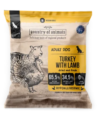 COUNTRY OF ANIMALS Turkey with Lamb M 50g curcan și miel, hrană uscată câini