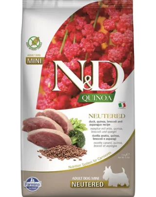 FARMINA N&amp;D Quinoa Hrana pentru caini sterilizati de talie mica, cu rata, broccoli si sparanghel  2,5 kg