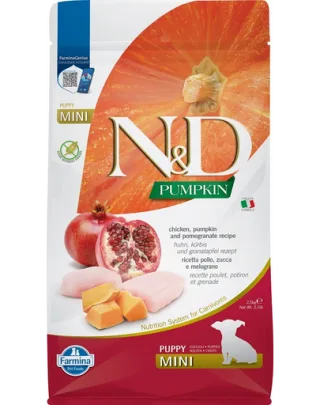 FARMINA N&amp;D Pumpkin Dog Puppy Mini cu puiHrana catei talie mica, cu dovleac si rodie - 2,5 kg