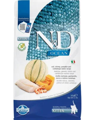 FARMINA N&amp;D Ocean Cat Kitten Hrana pisoi, pisici gestante si care alapteaza, cu cod, creveți, dovleac si pepene galben - 300 g